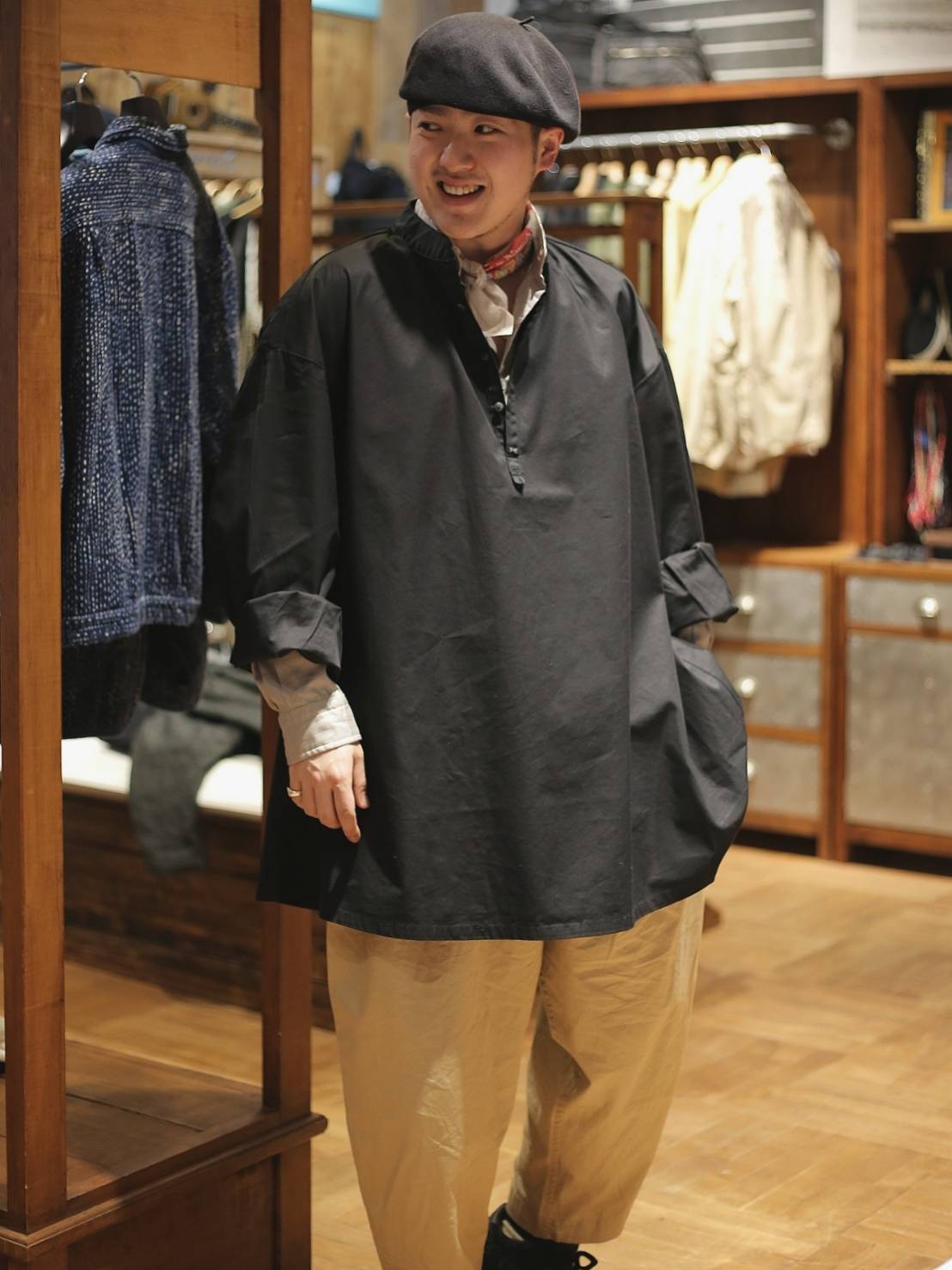 22ss GABARDINE STAND COLLAR LONG SMOCK - シャツ